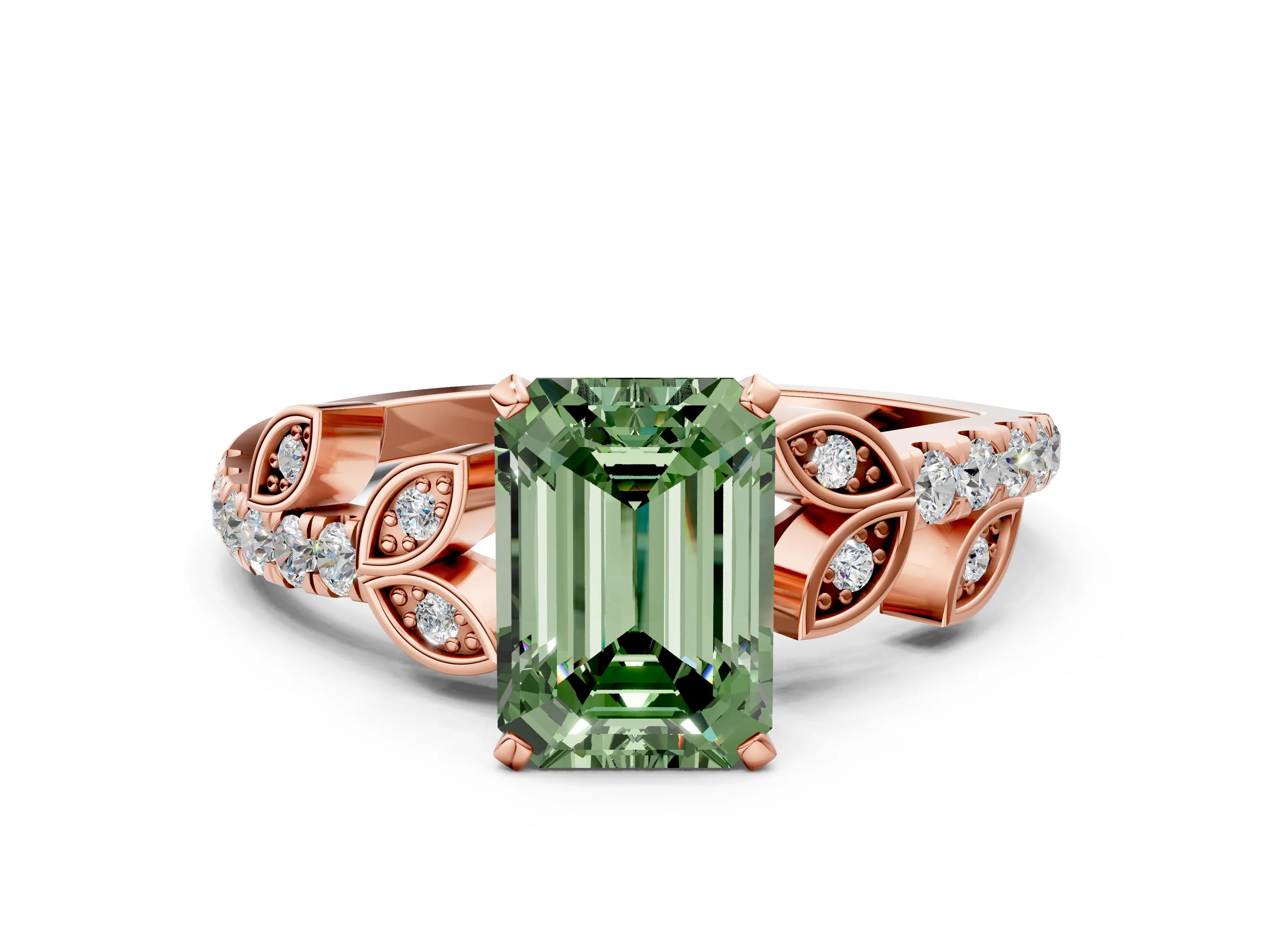Rose gold Fancy Green Emerald Cut Solitaire Leaf-Inspired Diamond Ring with Pavé Band and Four-Prong Setting