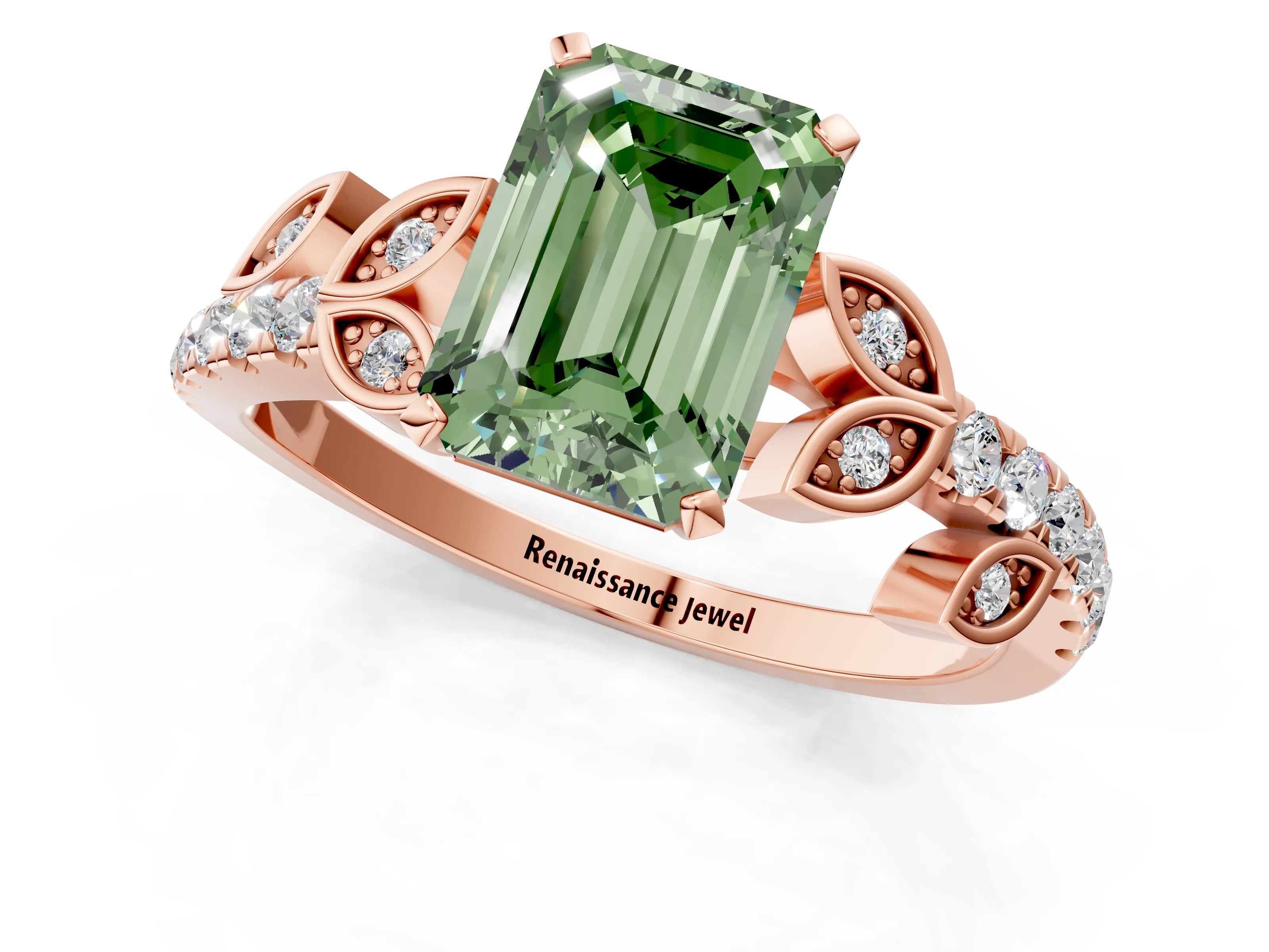 Rose gold Fancy Green Emerald Cut Solitaire Leaf-Inspired Diamond Ring with Pavé Band and Four-Prong Setting_1