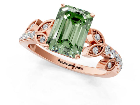 Rose gold Fancy Green Emerald Cut Solitaire Leaf-Inspired Diamond Ring with Pavé Band and Four-Prong Setting_1