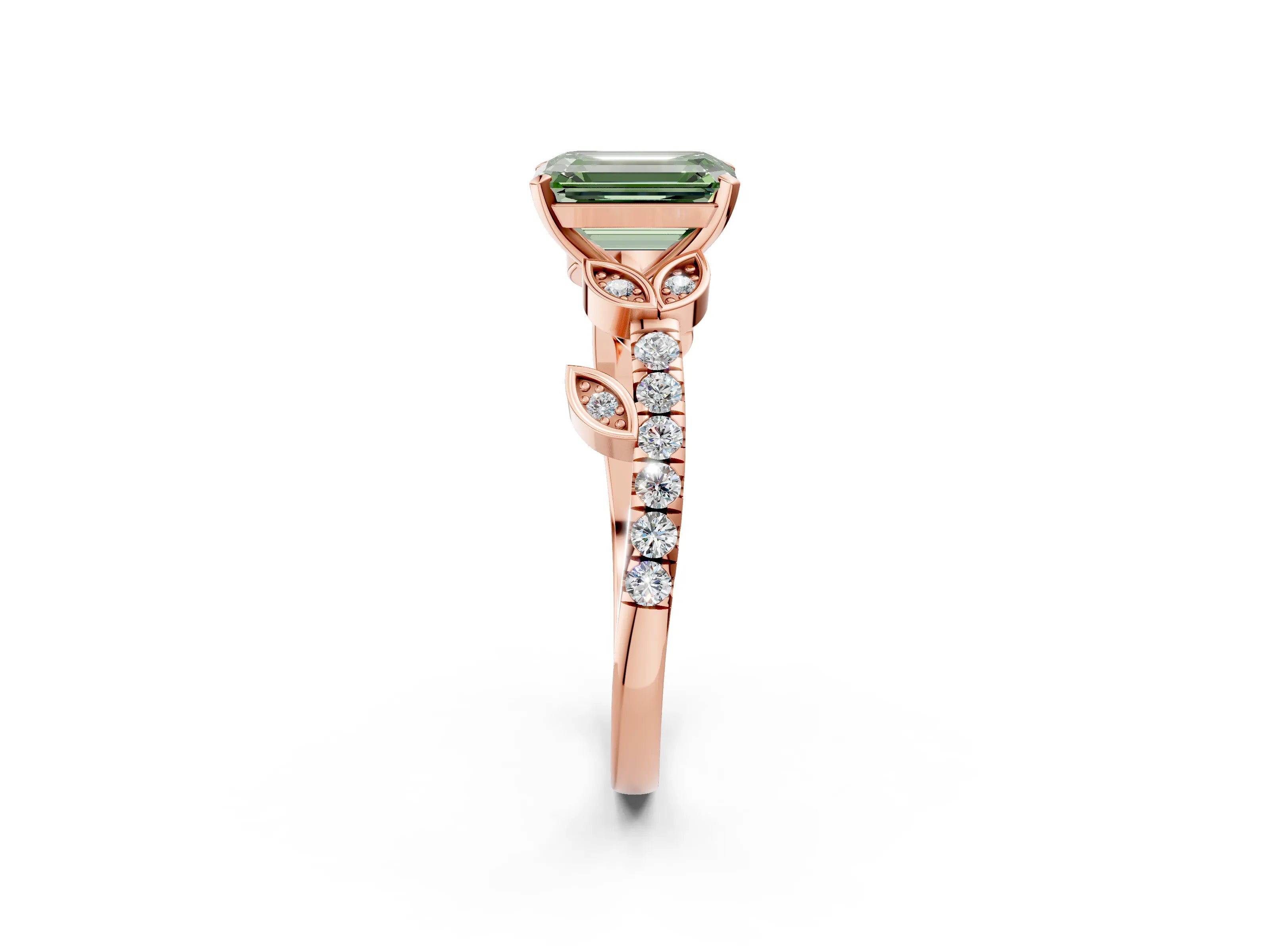 Rose gold Fancy Green Emerald Cut Solitaire Leaf-Inspired Diamond Ring with Pavé Band and Four-Prong Setting_2