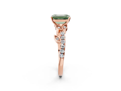 Rose gold Fancy Green Emerald Cut Solitaire Leaf-Inspired Diamond Ring with Pavé Band and Four-Prong Setting_2