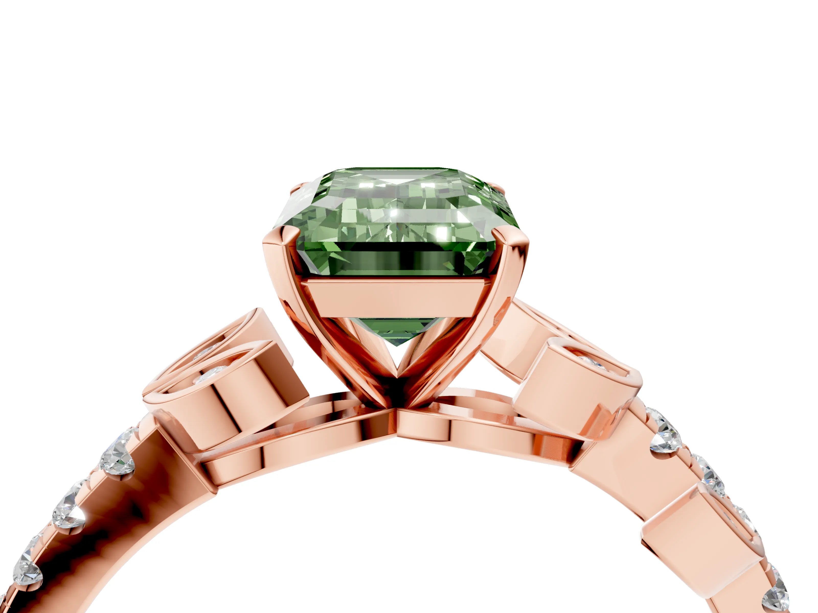 Rose gold Fancy Green Emerald Cut Solitaire Leaf-Inspired Diamond Ring with Pavé Band and Four-Prong Setting_4