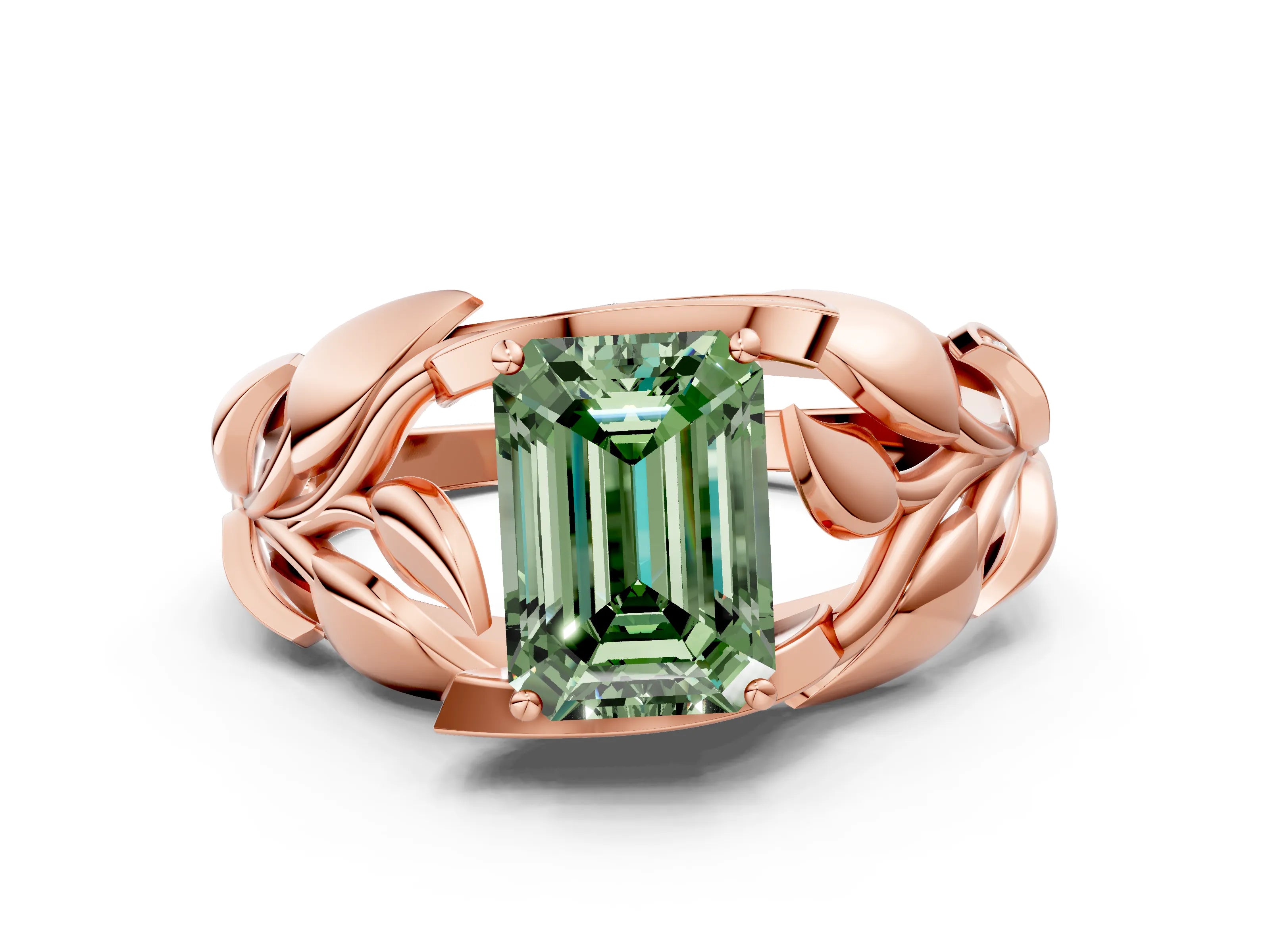 Rose gold Fancy Green Emerald Cut Solitaire Leaf-Inspired Engagement Ring with Prong Setting
