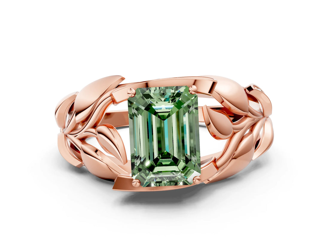Rose gold Fancy Green Emerald Cut Solitaire Leaf-Inspired Engagement Ring with Prong Setting_12
