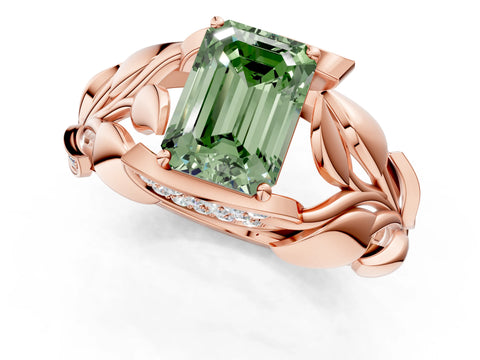 Rose gold Fancy Green Emerald Cut Solitaire Leaf-Inspired Engagement Ring with Prong Setting_1