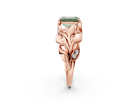 Rose gold Fancy Green Emerald Cut Solitaire Leaf-Inspired Engagement Ring with Prong Setting_2