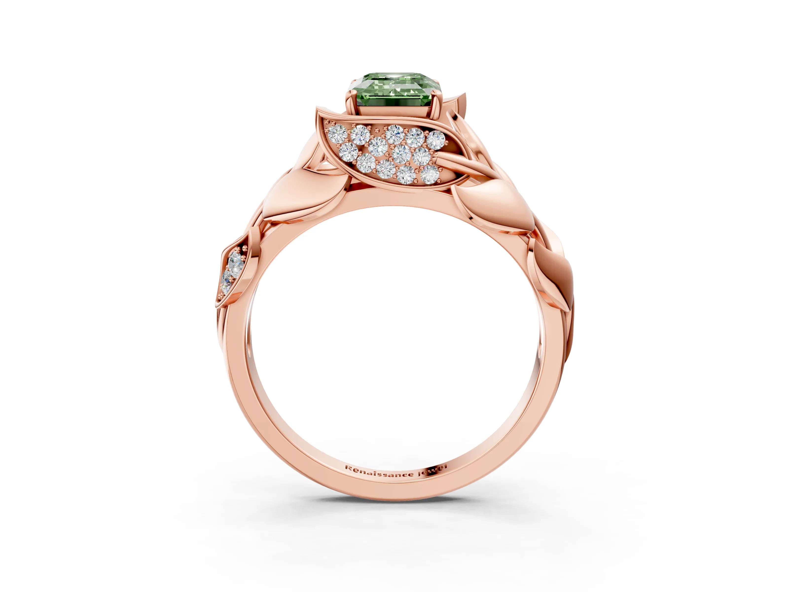 Rose gold Fancy Green Emerald Cut Solitaire Leaf-Inspired Engagement Ring with Prong Setting_3