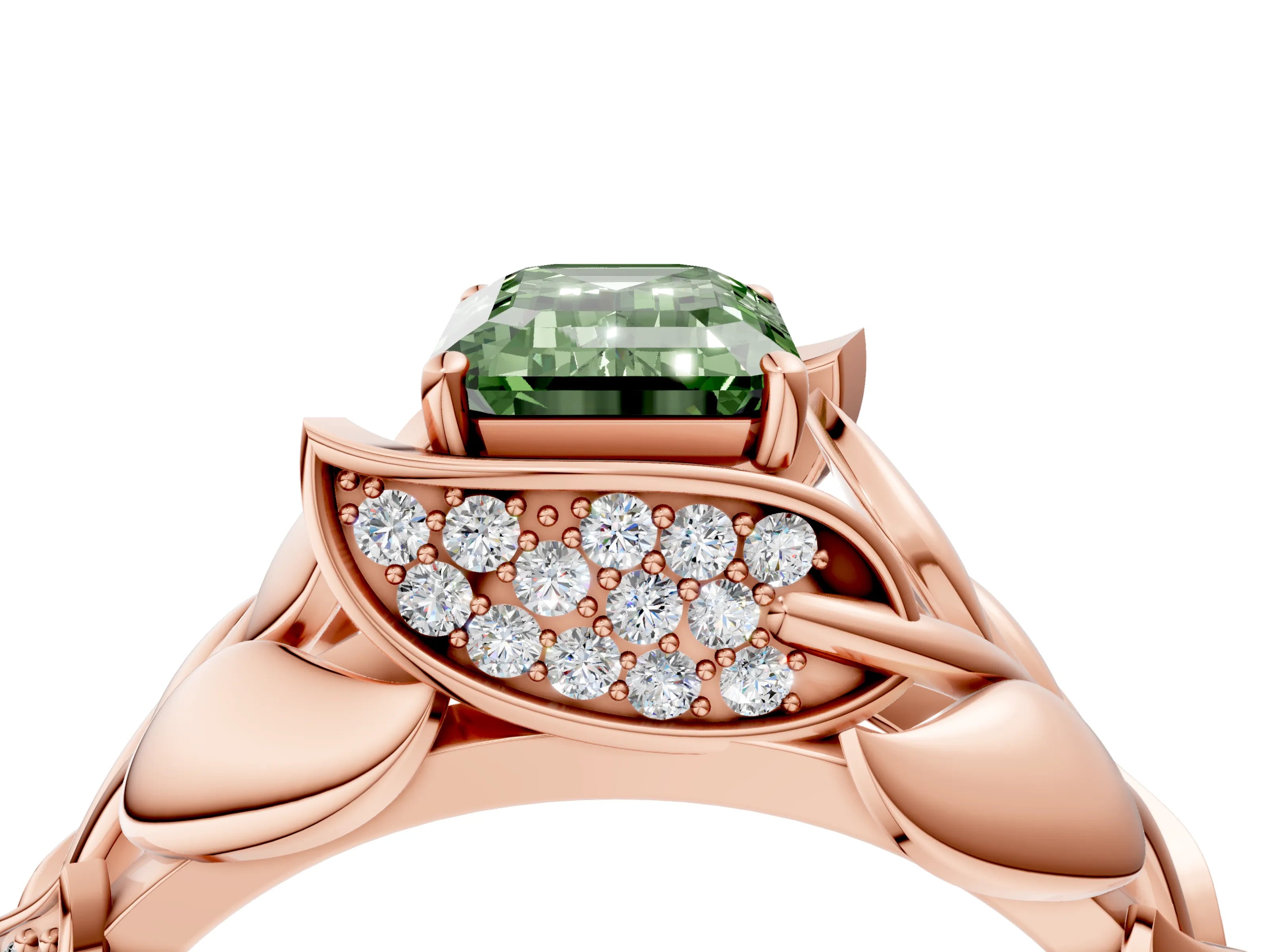 Rose gold Fancy Green Emerald Cut Solitaire Leaf-Inspired Engagement Ring with Prong Setting_4