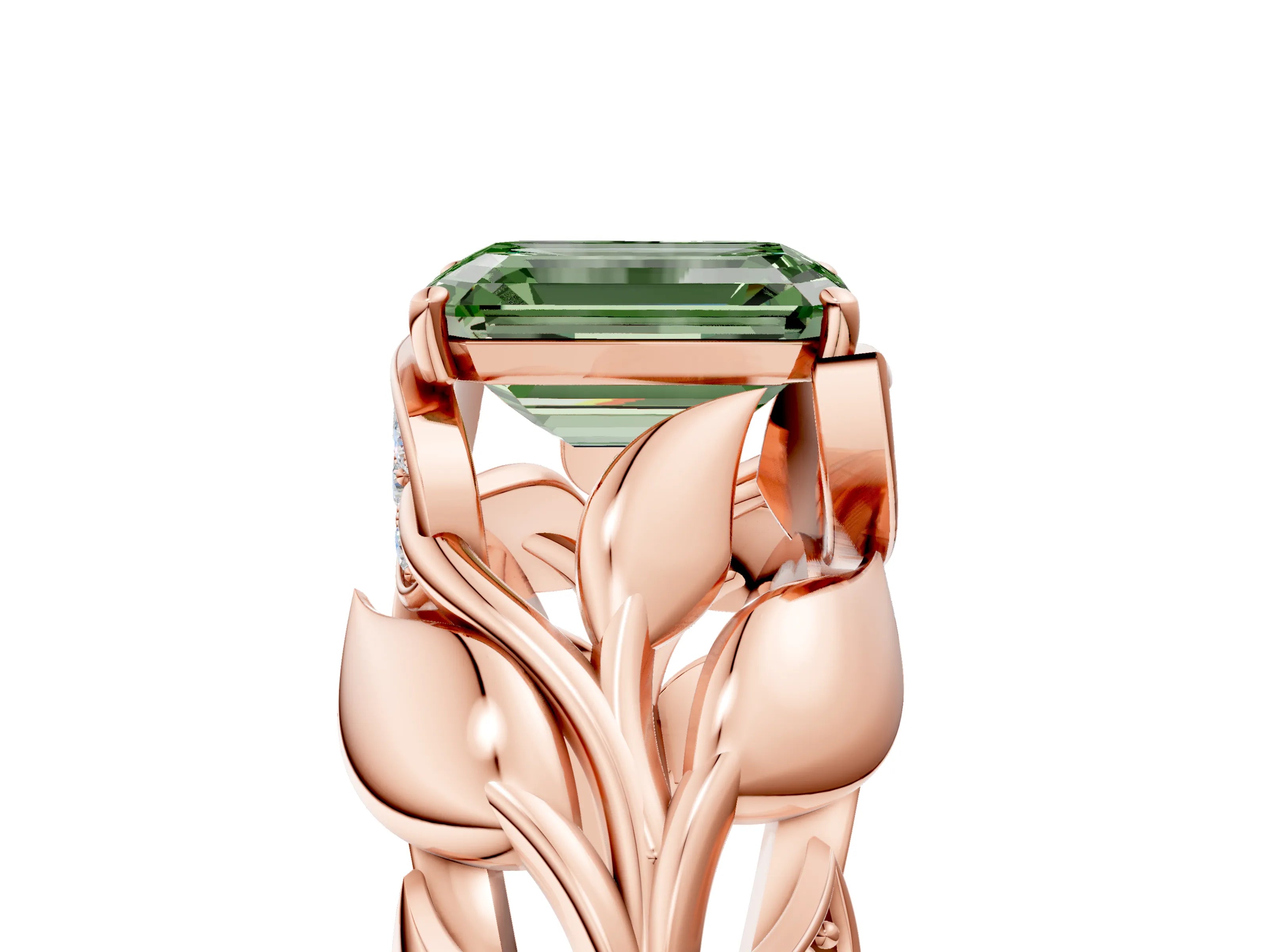Rose gold Fancy Green Emerald Cut Solitaire Leaf-Inspired Engagement Ring with Prong Setting_5