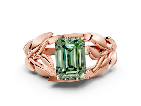 Rose gold Fancy Green Emerald Cut Solitaire Leaf-Inspired Engagement Ring with Prong Setting