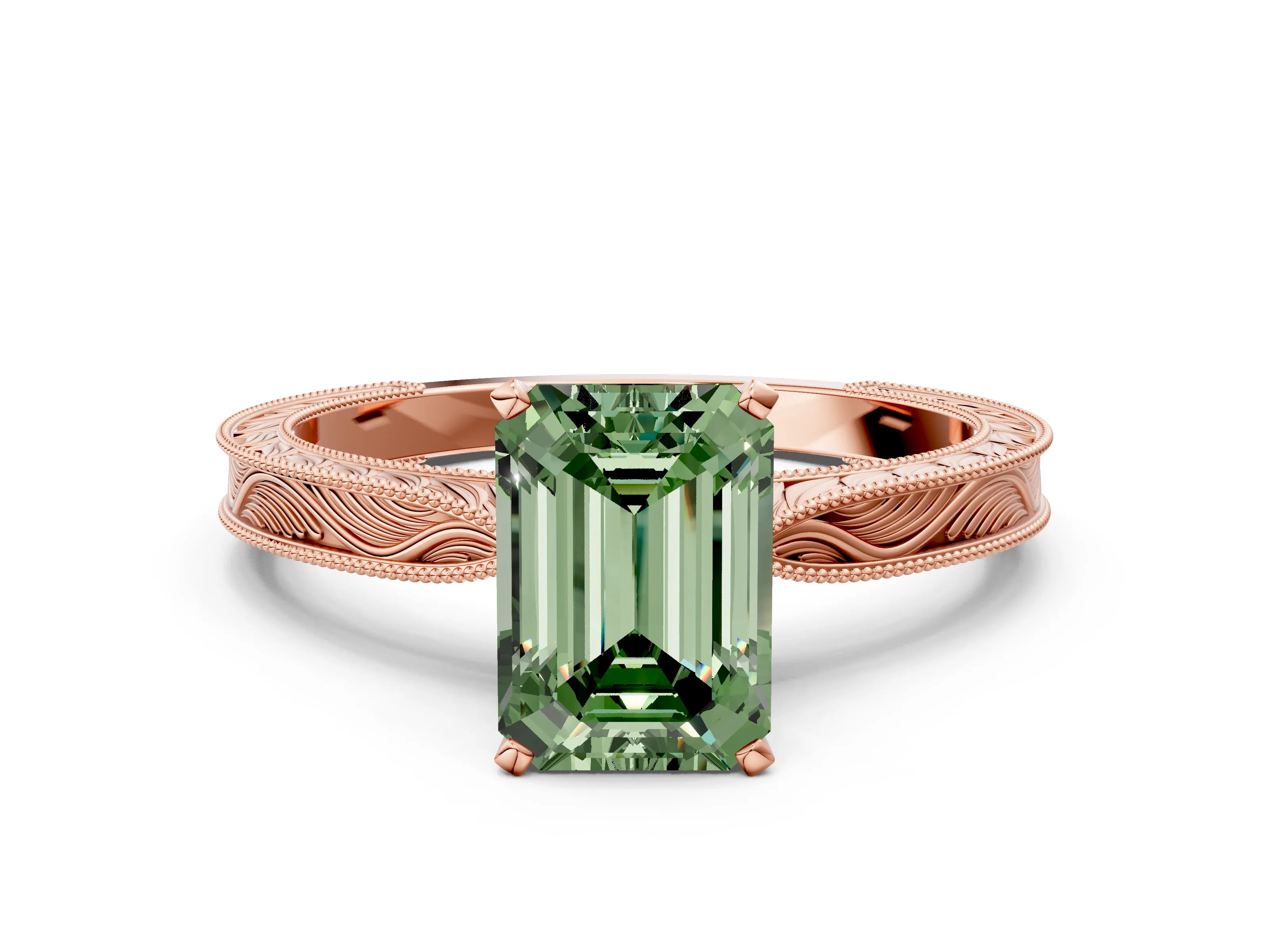 Rose gold Fancy Green Emerald Cut Solitaire Milgrain Engraved Band with Four-Prong Setting
