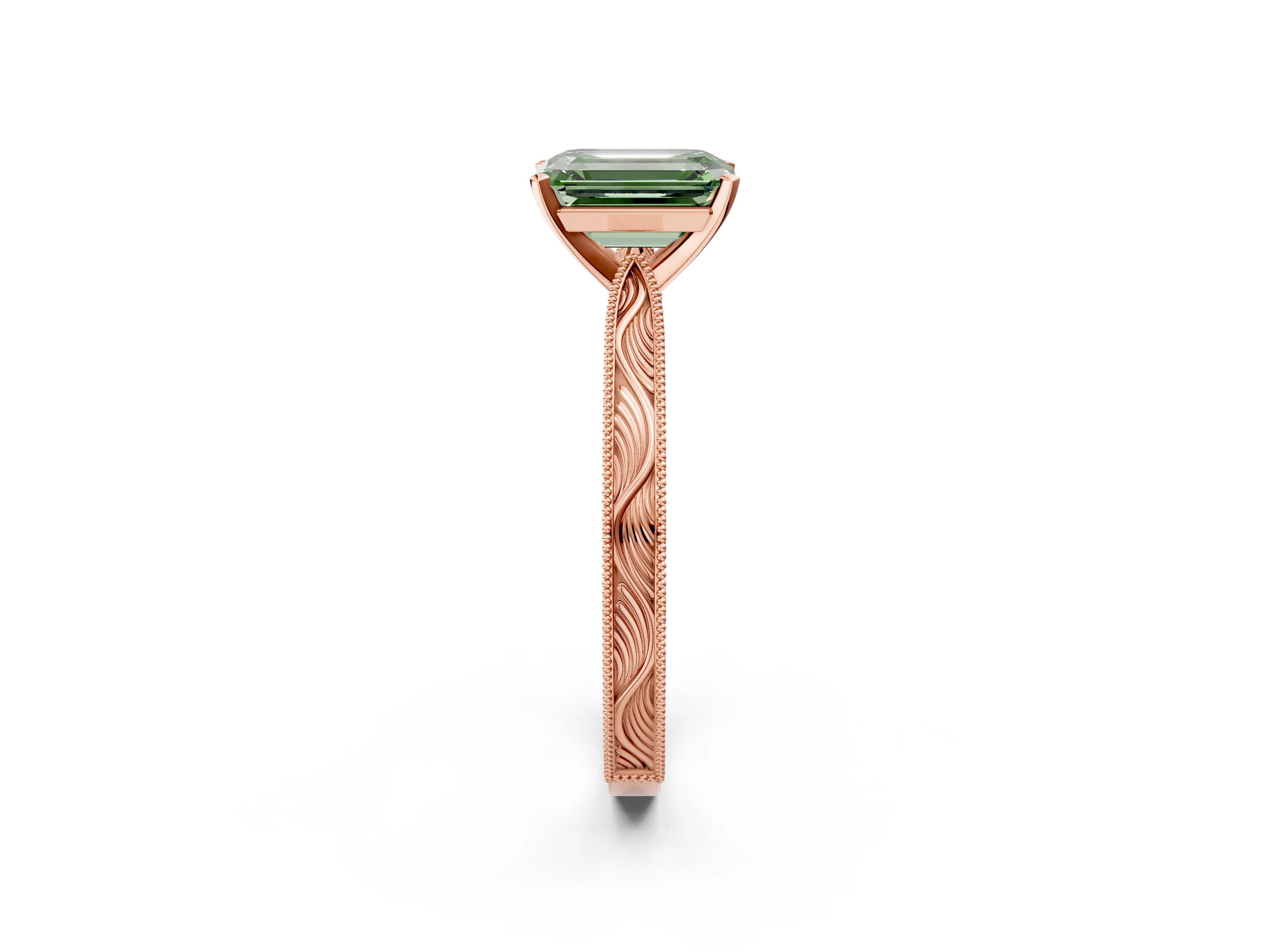 Rose gold Fancy Green Emerald Cut Solitaire Milgrain Engraved Band with Four-Prong Setting_2