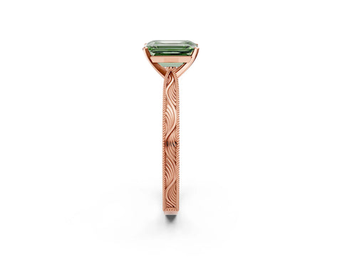 Rose gold Fancy Green Emerald Cut Solitaire Milgrain Engraved Band with Four-Prong Setting_2