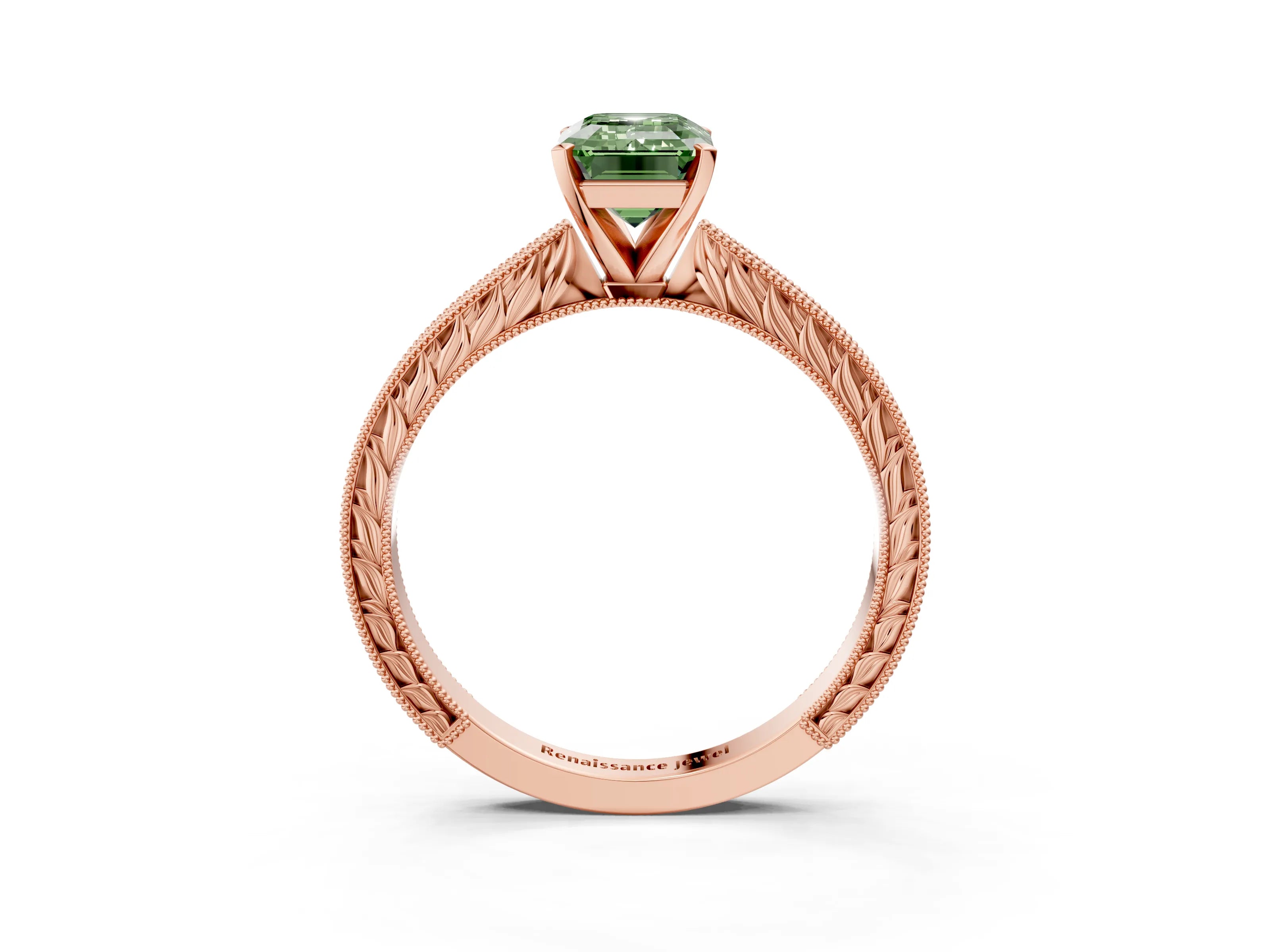 Rose gold Fancy Green Emerald Cut Solitaire Milgrain Engraved Band with Four-Prong Setting_3