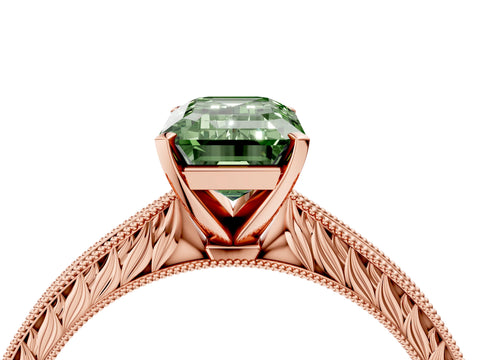 Rose gold Fancy Green Emerald Cut Solitaire Milgrain Engraved Band with Four-Prong Setting_4