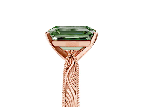 Rose gold Fancy Green Emerald Cut Solitaire Milgrain Engraved Band with Four-Prong Setting_5