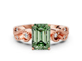 Rose gold Fancy Green Emerald Cut Solitaire Milgrain Leaf Band with Prong Setting