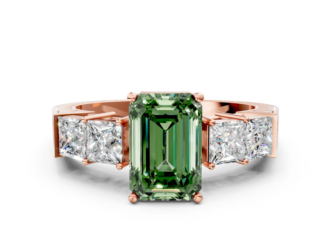 Rose gold Fancy Green Emerald Cut Solitaire Princess Side Stone Engraved Band Prong Setting Ring