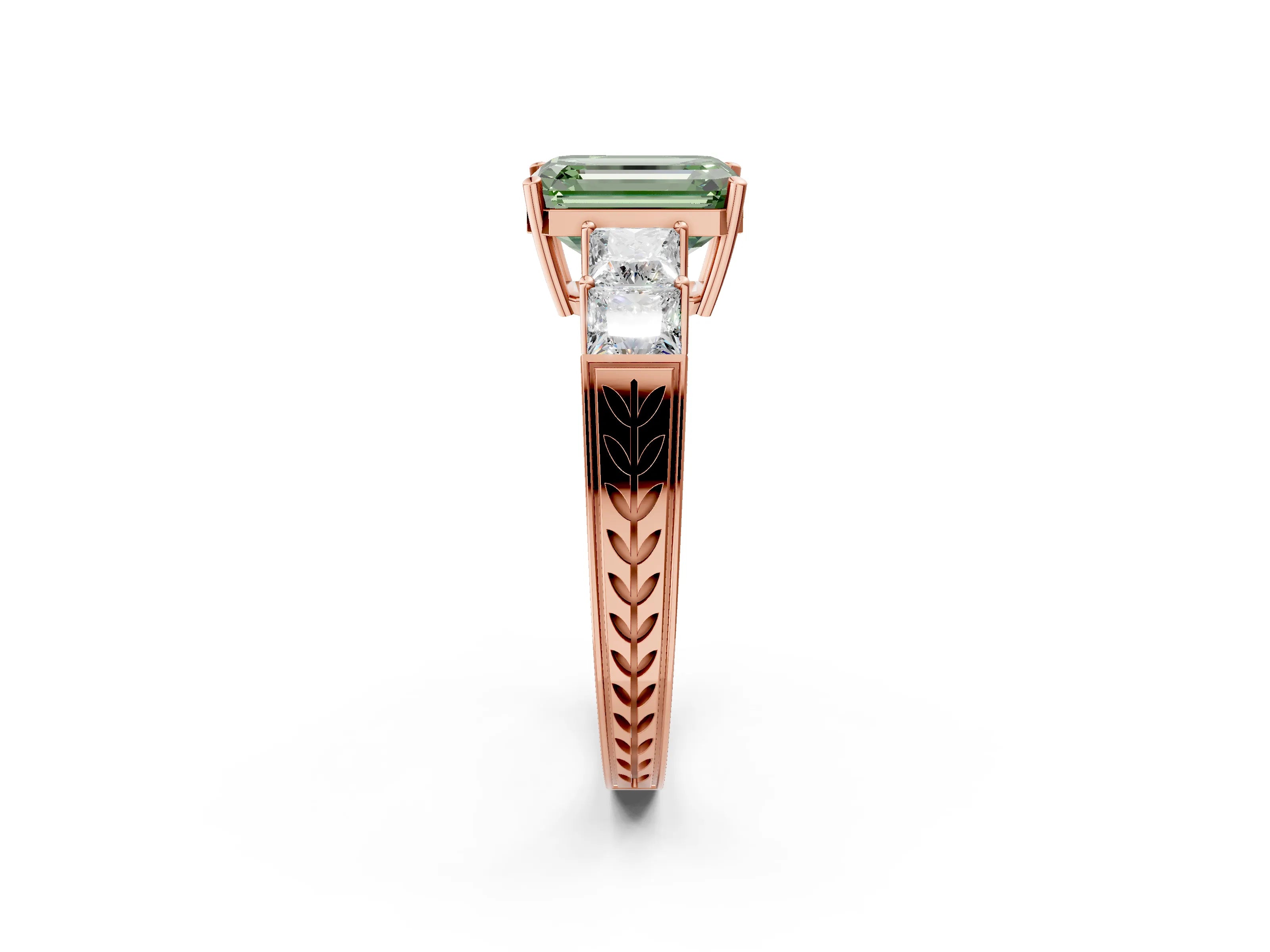 Rose gold Fancy Green Emerald Cut Solitaire Princess Side Stone Engraved Band Prong Setting Ring_2