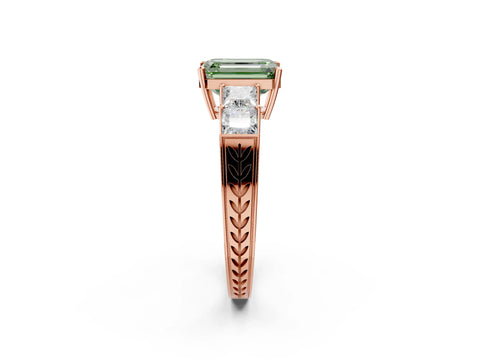 Rose gold Fancy Green Emerald Cut Solitaire Princess Side Stone Engraved Band Prong Setting Ring_2