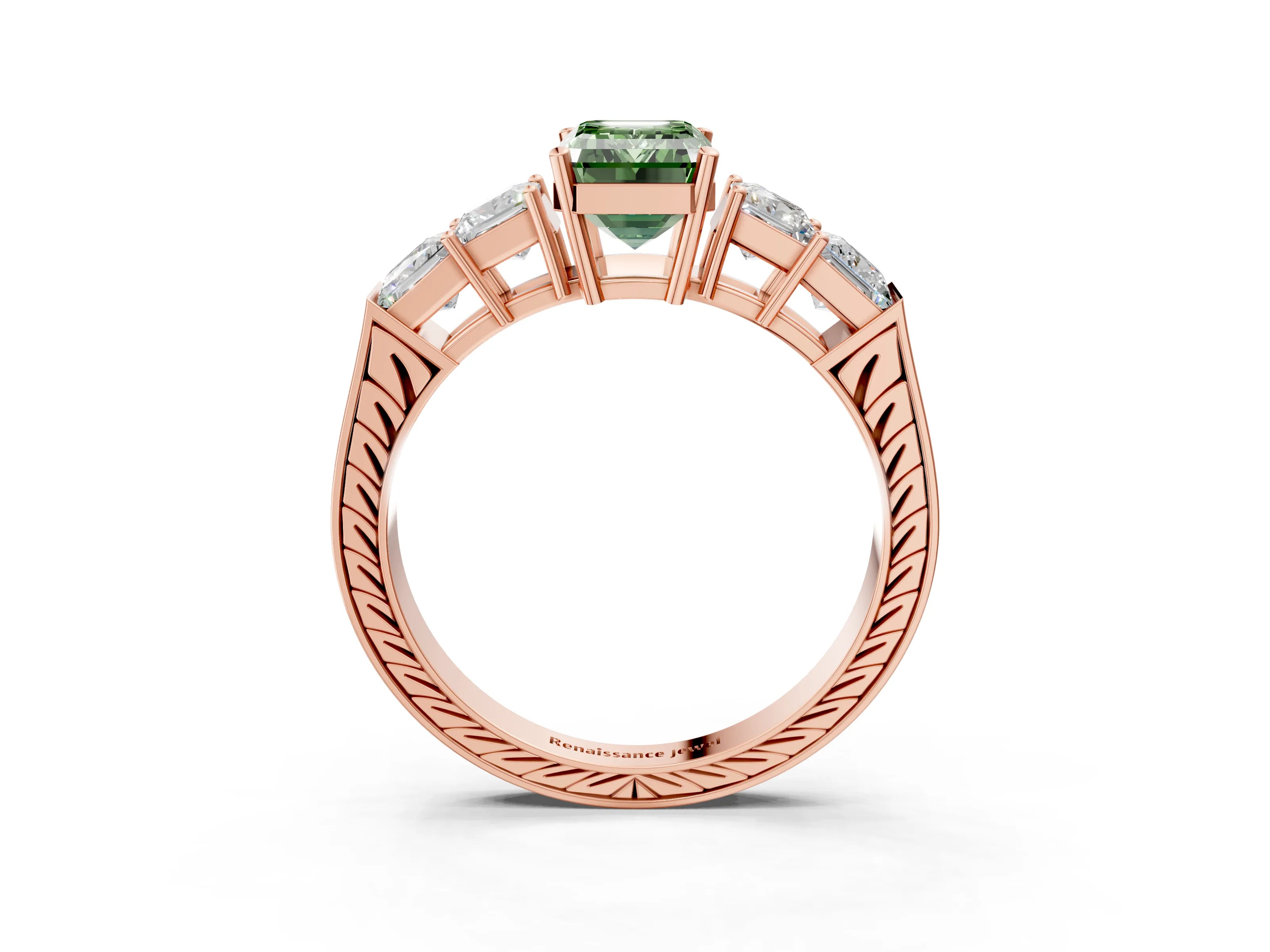 Rose gold Fancy Green Emerald Cut Solitaire Princess Side Stone Engraved Band Prong Setting Ring_3