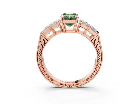Rose gold Fancy Green Emerald Cut Solitaire Princess Side Stone Engraved Band Prong Setting Ring_3