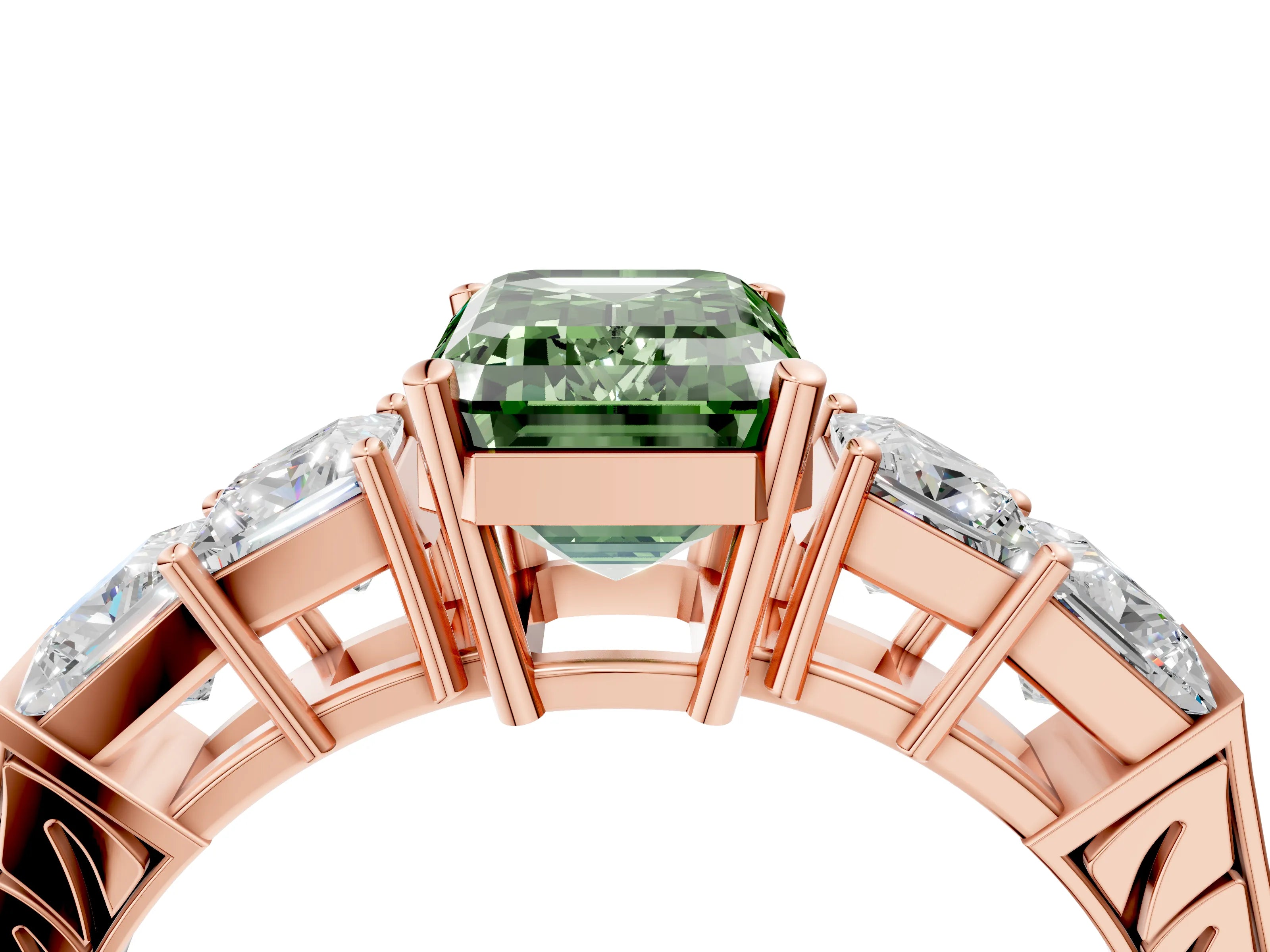 Rose gold Fancy Green Emerald Cut Solitaire Princess Side Stone Engraved Band Prong Setting Ring_4