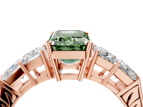 Rose gold Fancy Green Emerald Cut Solitaire Princess Side Stone Engraved Band Prong Setting Ring_4
