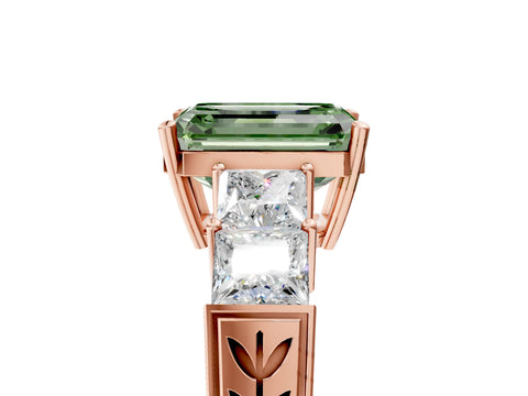 Rose gold Fancy Green Emerald Cut Solitaire Princess Side Stone Engraved Band Prong Setting Ring_5