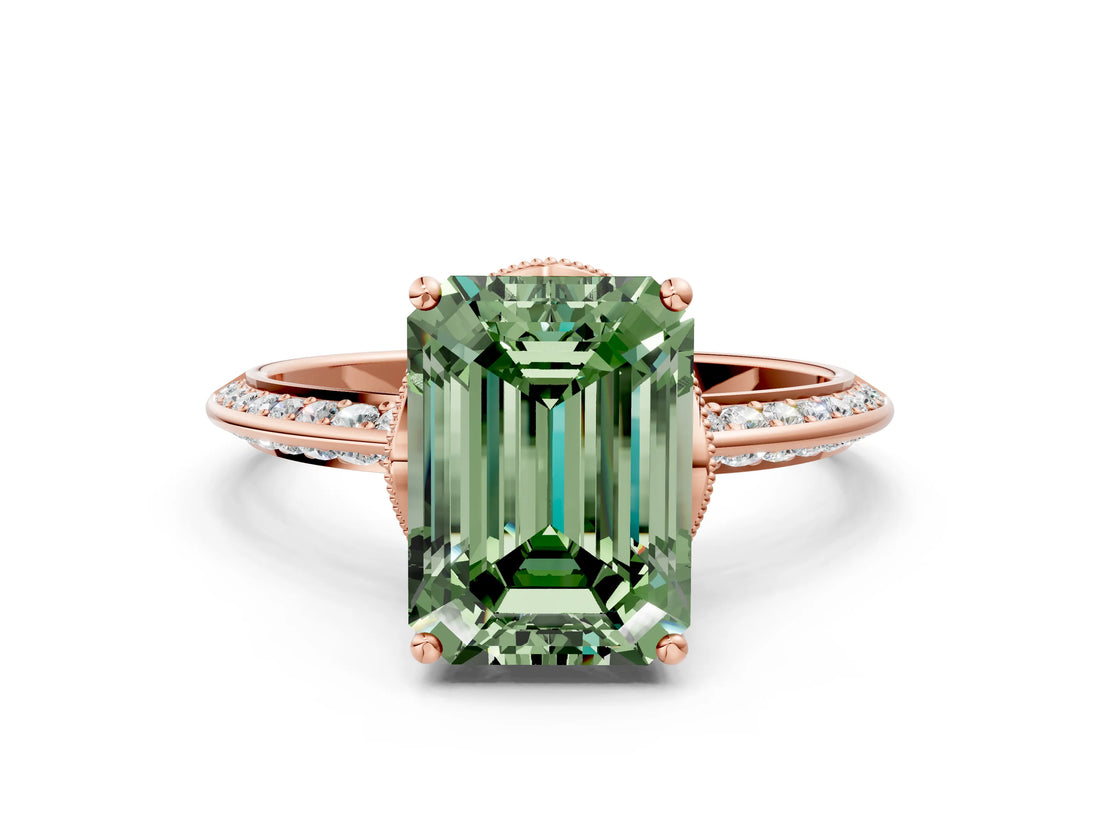 Rose gold Fancy Green Emerald Cut Solitaire Split Shank Pave Diamond Engagement Ring with Four-Prong Setting