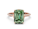 Rose gold Fancy Green Emerald Cut Solitaire Split Shank Pave Diamond Engagement Ring with Four-Prong Setting