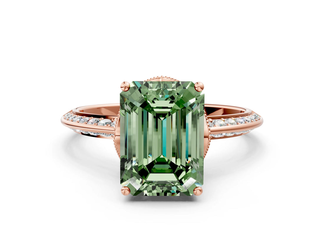Rose gold Fancy Green Emerald Cut Solitaire Split Shank Pave Diamond Engagement Ring with Four-Prong Setting_24