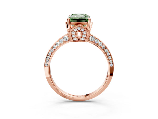 Rose Gold Emerald Cut Graduated Pave Engagement Ring Setting for Fancy Green Center