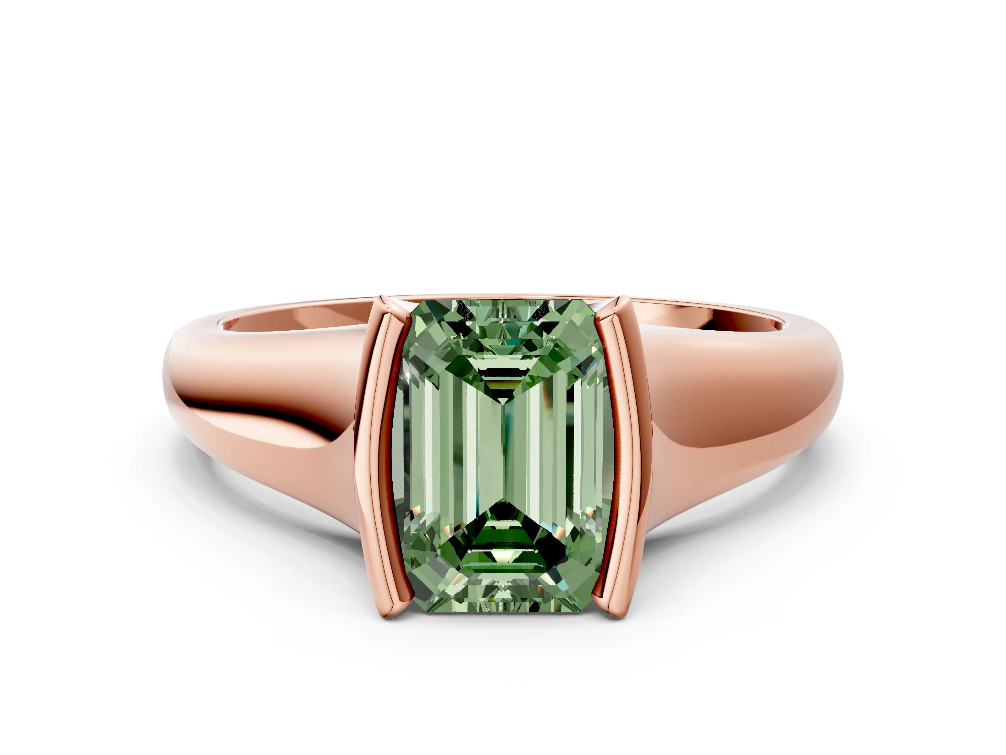 Rose gold Fancy Green Emerald Cut Solitaire Tension Set Diamond Ring with Split Shank Band