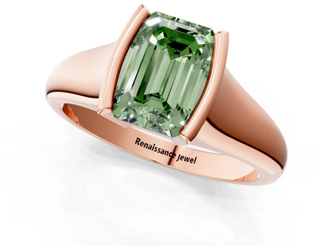 Rose gold Fancy Green Emerald Cut Solitaire Tension Set Diamond Ring with Split Shank Band_1