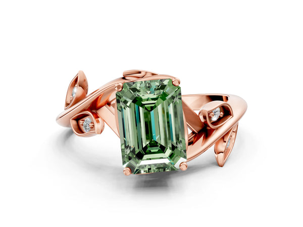 Rose gold Fancy Green Emerald Cut Solitaire Twist Engagement Ring with Leaf Accents and Prong Setting
