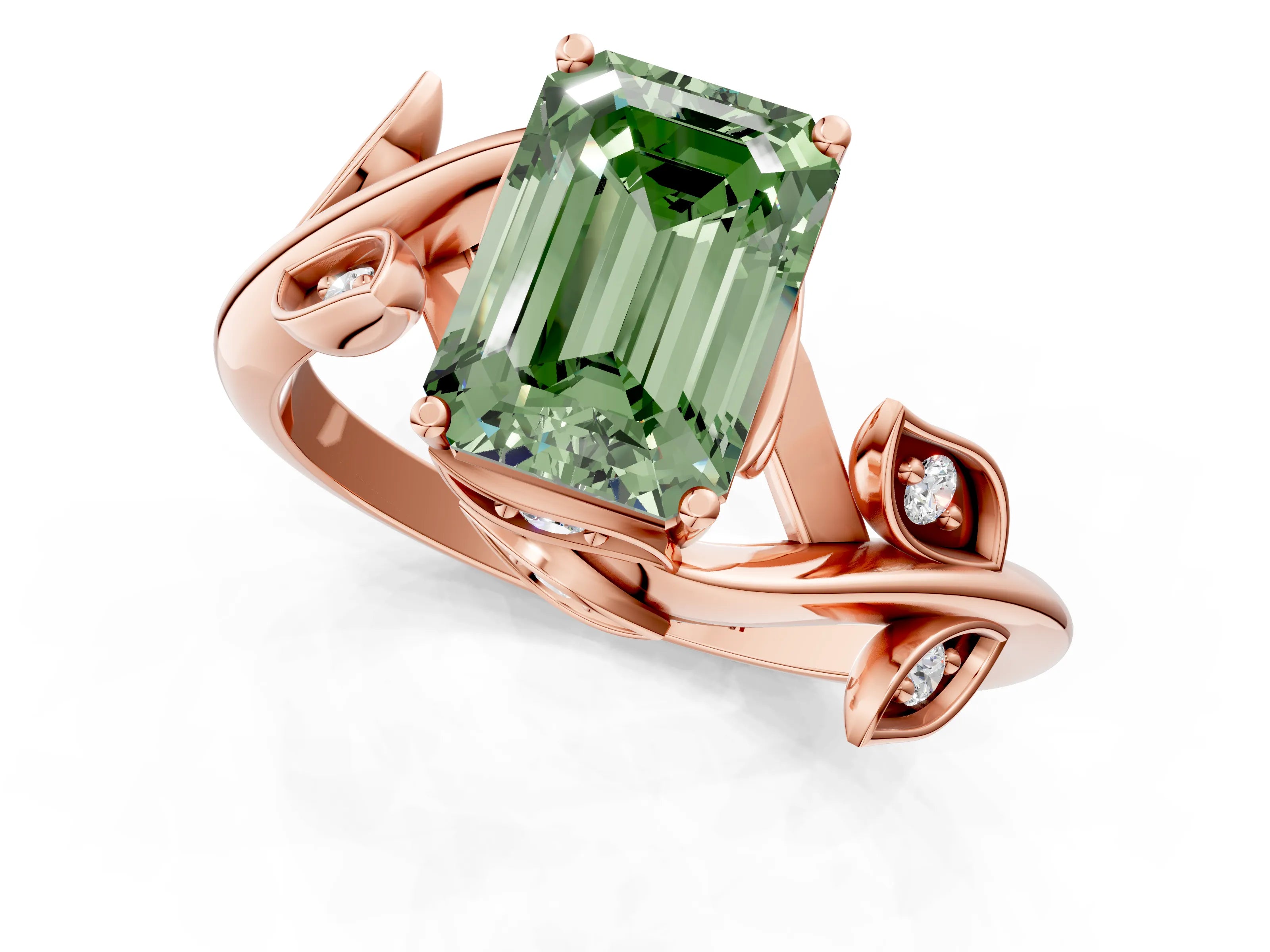 Rose gold Fancy Green Emerald Cut Solitaire Twist Engagement Ring with Leaf Accents and Prong Setting_13