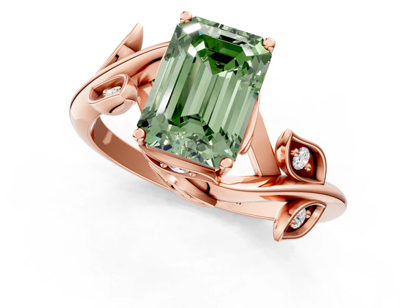 Rose gold Fancy Green Emerald Cut Solitaire Twist Engagement Ring with Leaf Accents and Prong Setting