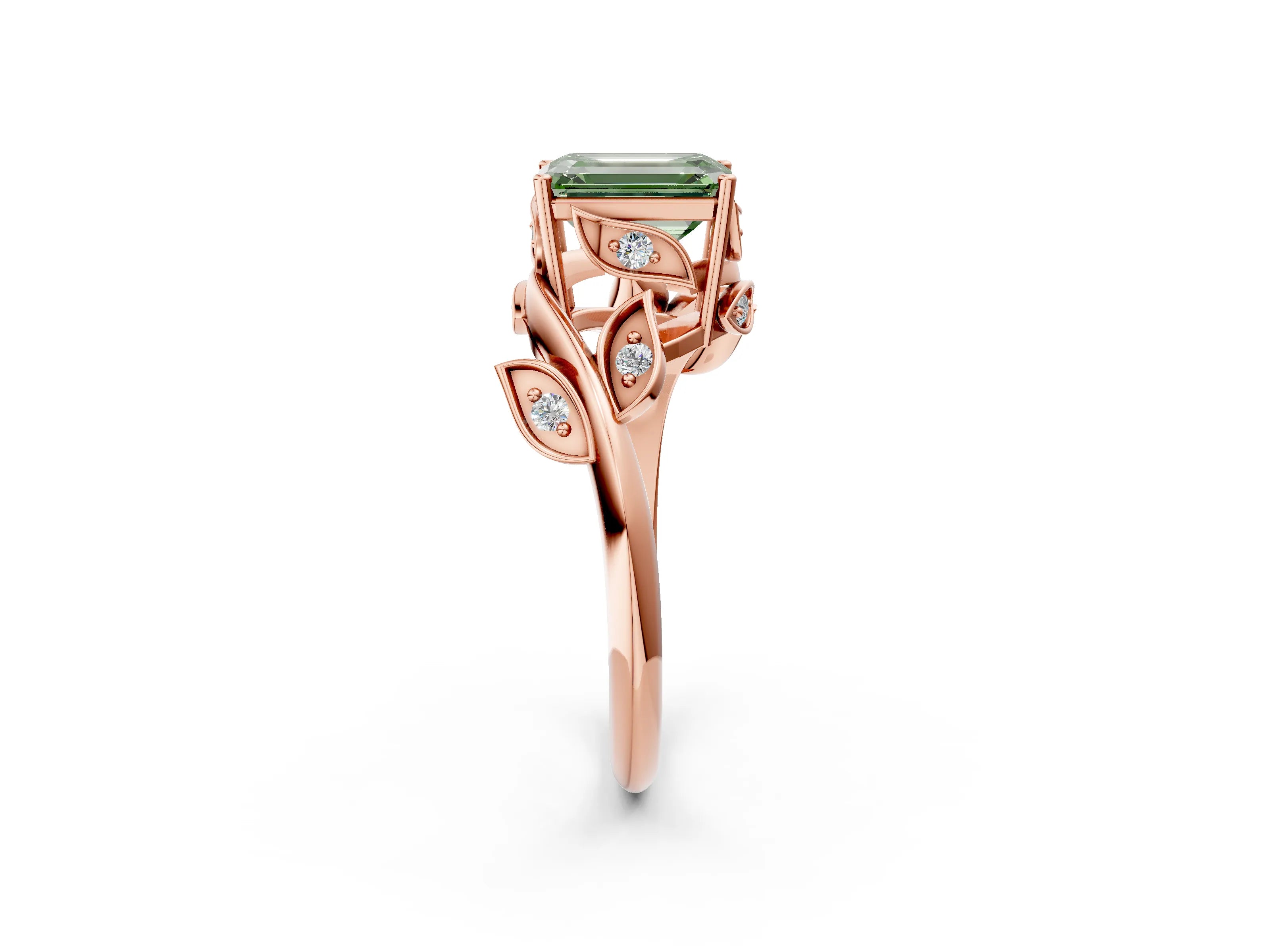 Rose gold Fancy Green Emerald Cut Solitaire Twist Engagement Ring with Leaf Accents and Prong Setting_14