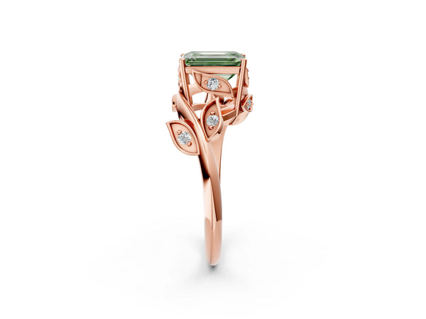 Rose gold Fancy Green Emerald Cut Solitaire Twist Engagement Ring with Leaf Accents and Prong Setting