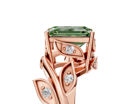 Rose gold Fancy Green Emerald Cut Solitaire Twist Engagement Ring with Leaf Accents and Prong Setting_17