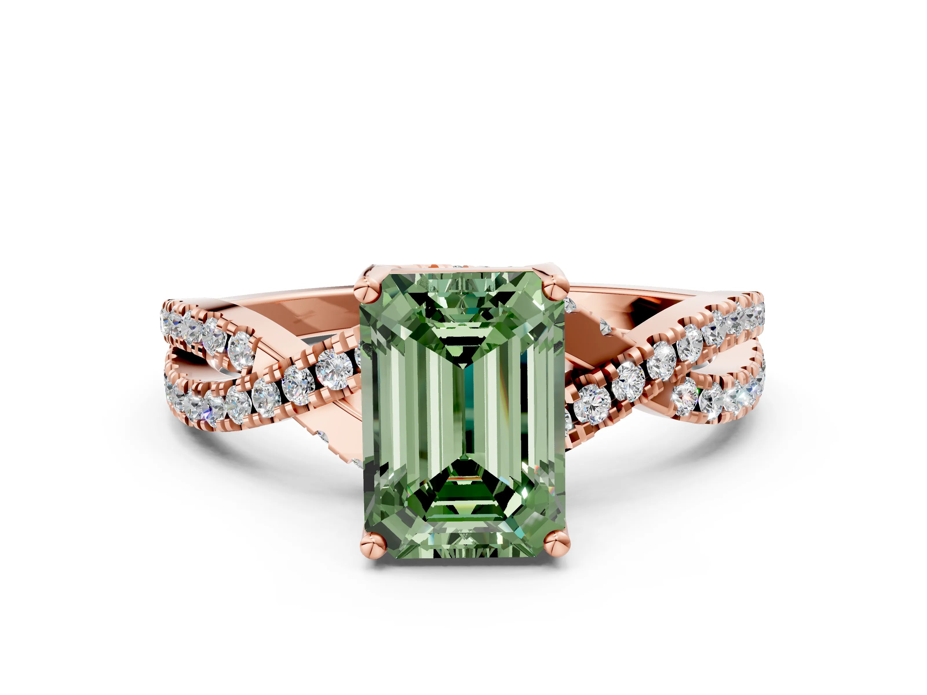 Rose gold Fancy Green Emerald Cut Solitaire Twist Pave Diamond Engagement Ring with Prong Setting