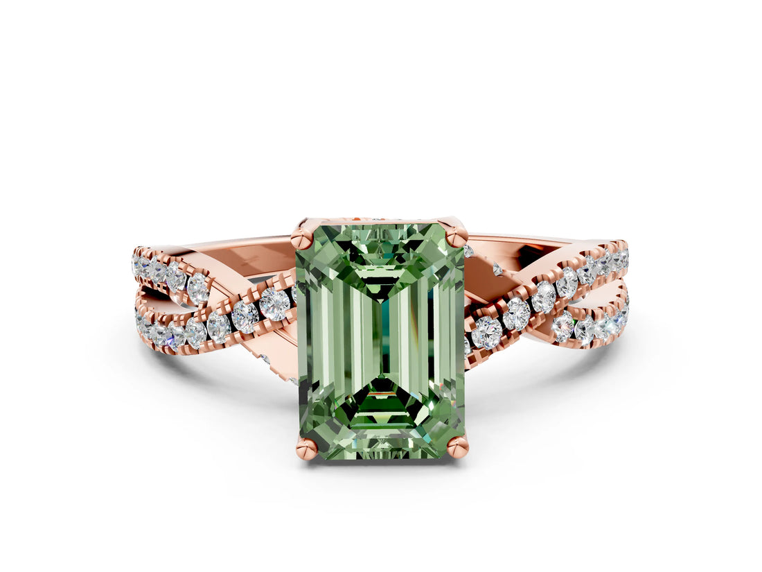 Rose gold Fancy Green Emerald Cut Solitaire Twist Pave Diamond Engagement Ring with Prong Setting