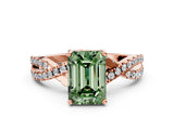 Rose gold Fancy Green Emerald Cut Solitaire Twist Pave Diamond Engagement Ring with Prong Setting