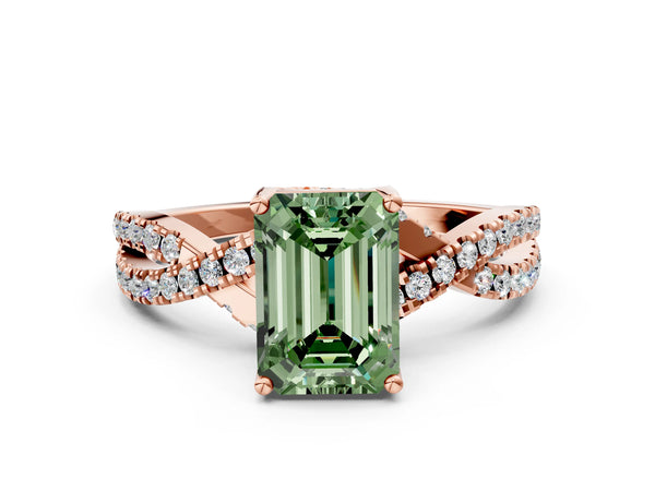 Rose gold Fancy Green Emerald Cut Solitaire Twist Pave Diamond Engagement Ring with Prong Setting