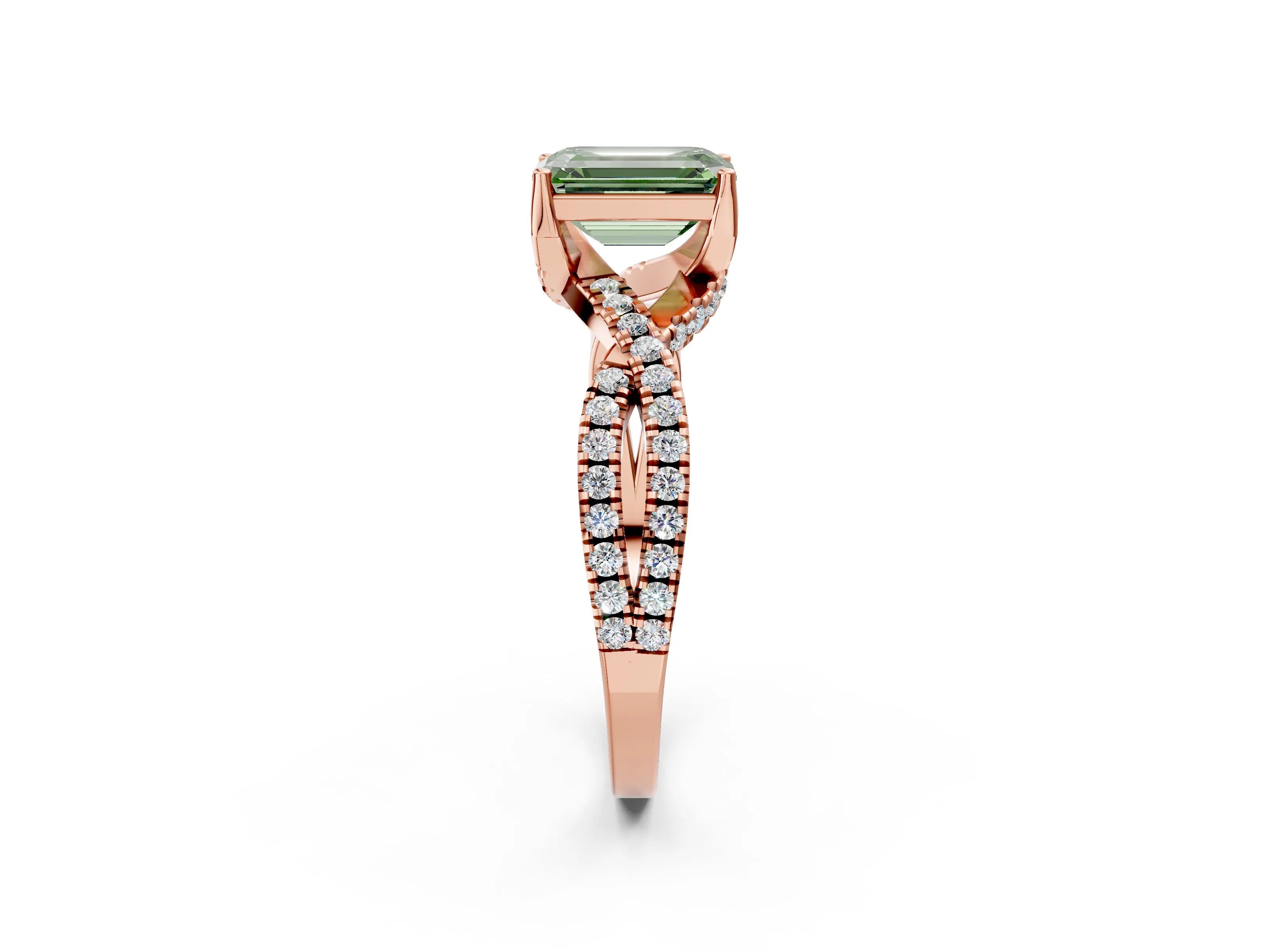 Rose gold Fancy Green Emerald Cut Solitaire Twist Pave Diamond Engagement Ring with Prong Setting_2
