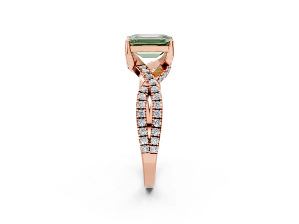 Rose gold Fancy Green Emerald Cut Solitaire Twist Pave Diamond Engagement Ring with Prong Setting
