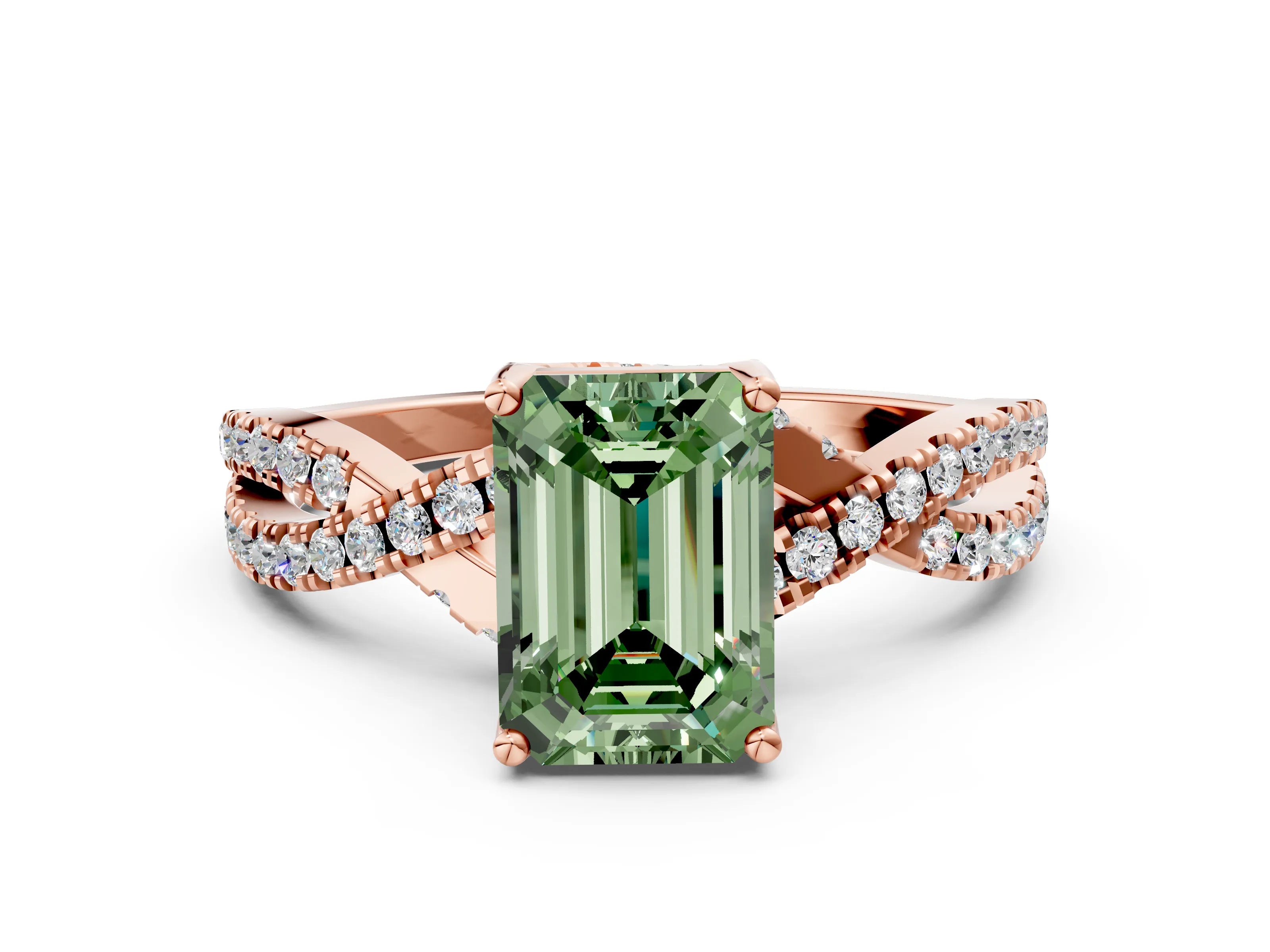 Rose gold Fancy Green Emerald Cut Solitaire Twist Pave Diamond Engagement Ring with Prong Setting_24