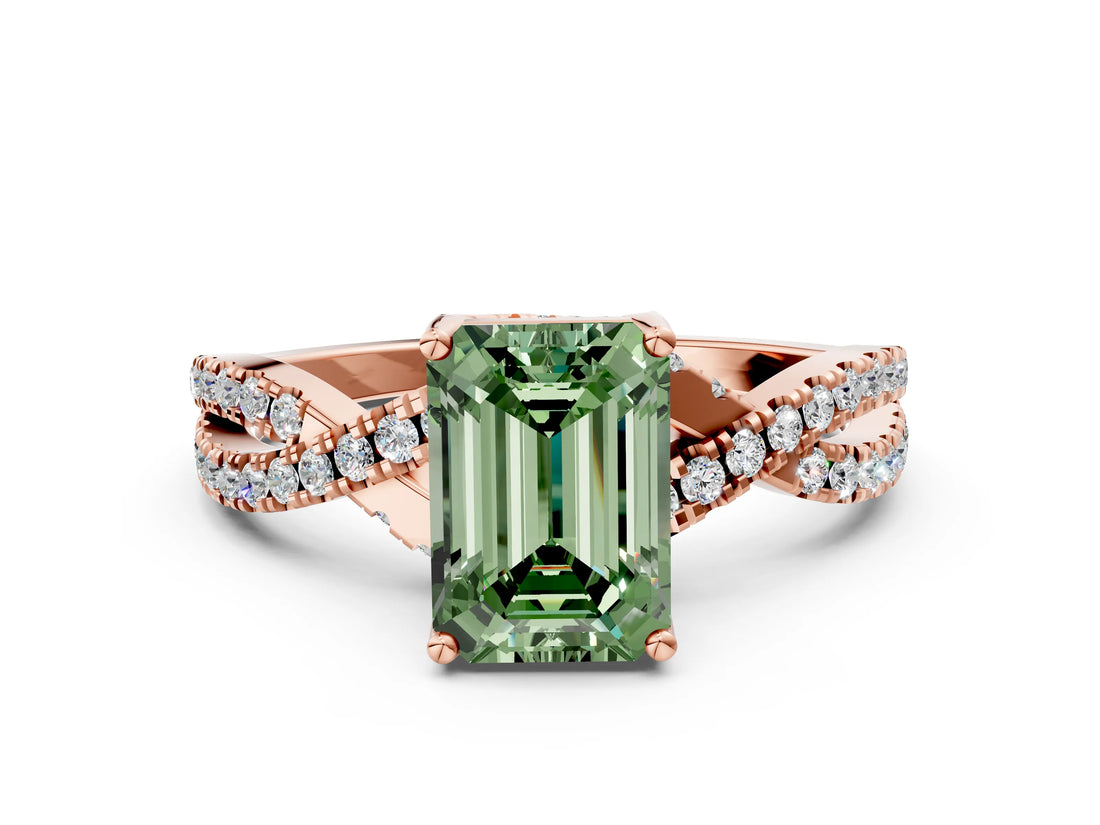 Rose gold Fancy Green Emerald Cut Solitaire Twist Pave Diamond Engagement Ring with Prong Setting_24