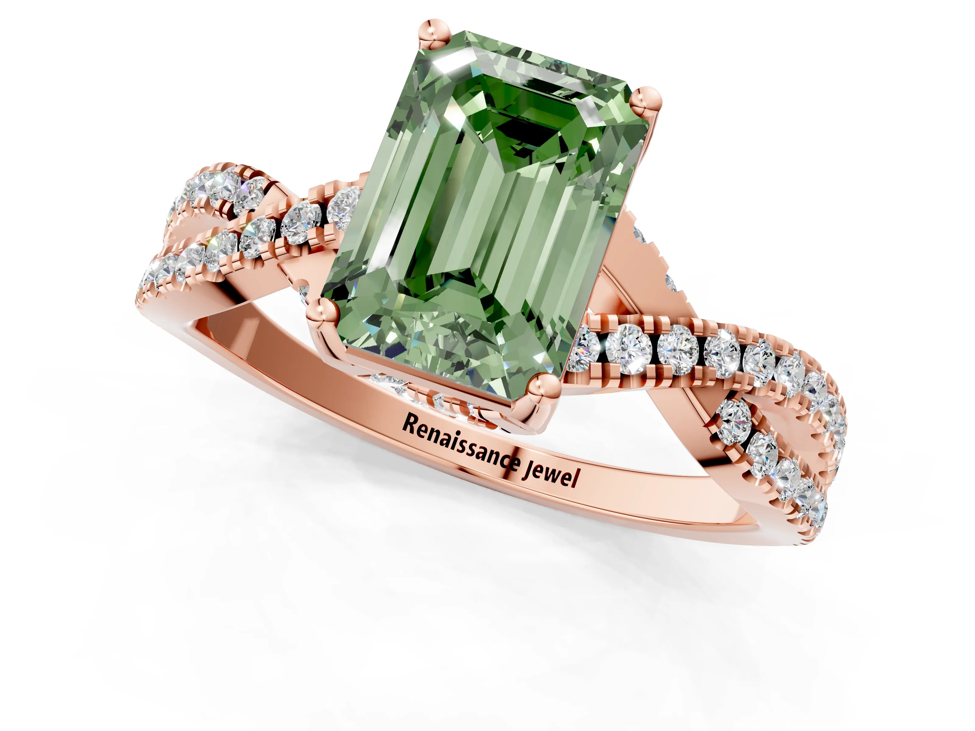 Rose gold Fancy Green Emerald Cut Solitaire Twist Pave Diamond Engagement Ring with Prong Setting_25